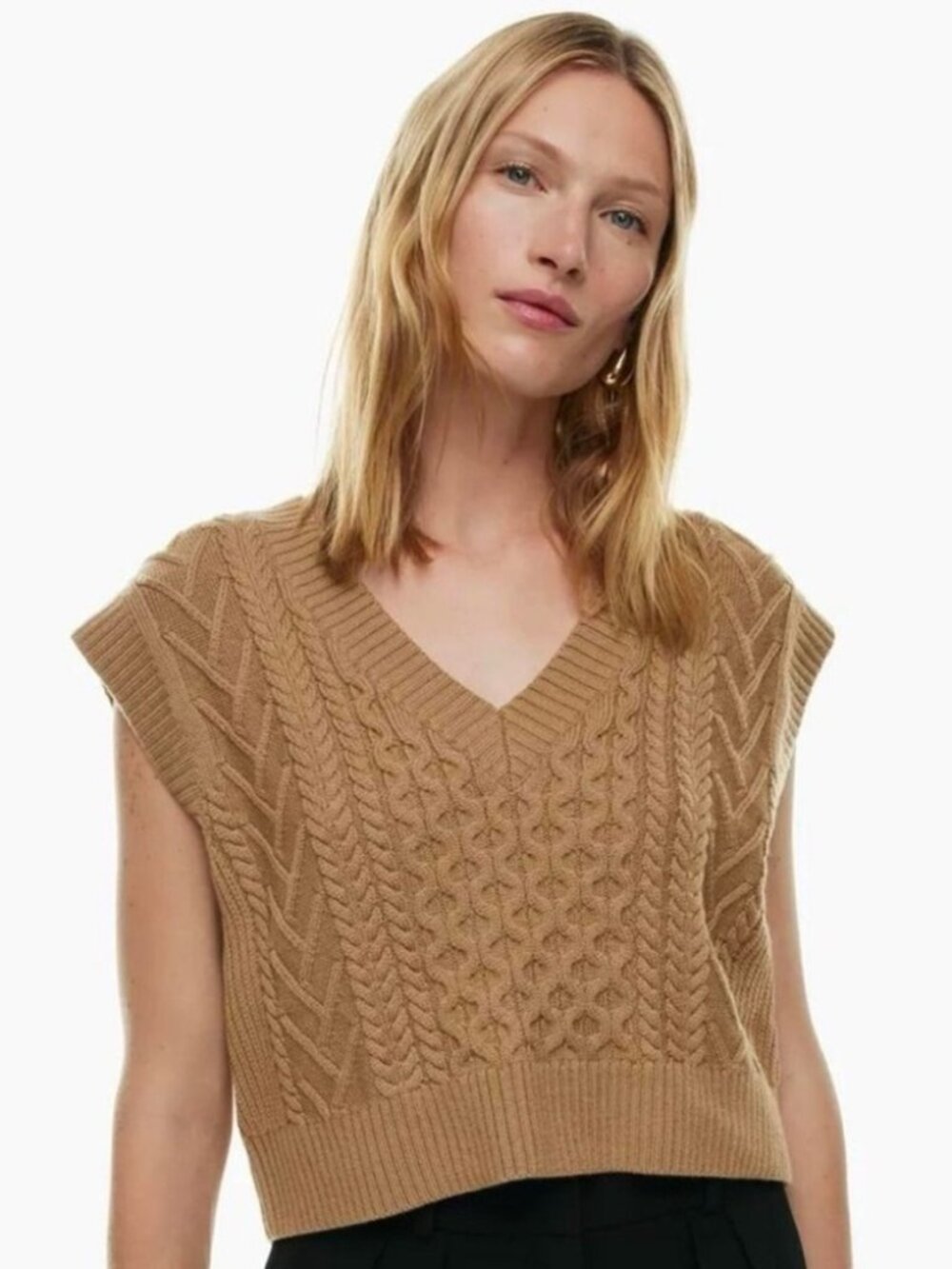 NWT Aritzia Babaton Emporia Merino Wool Vest Heather Gold Size Small Cable Knit